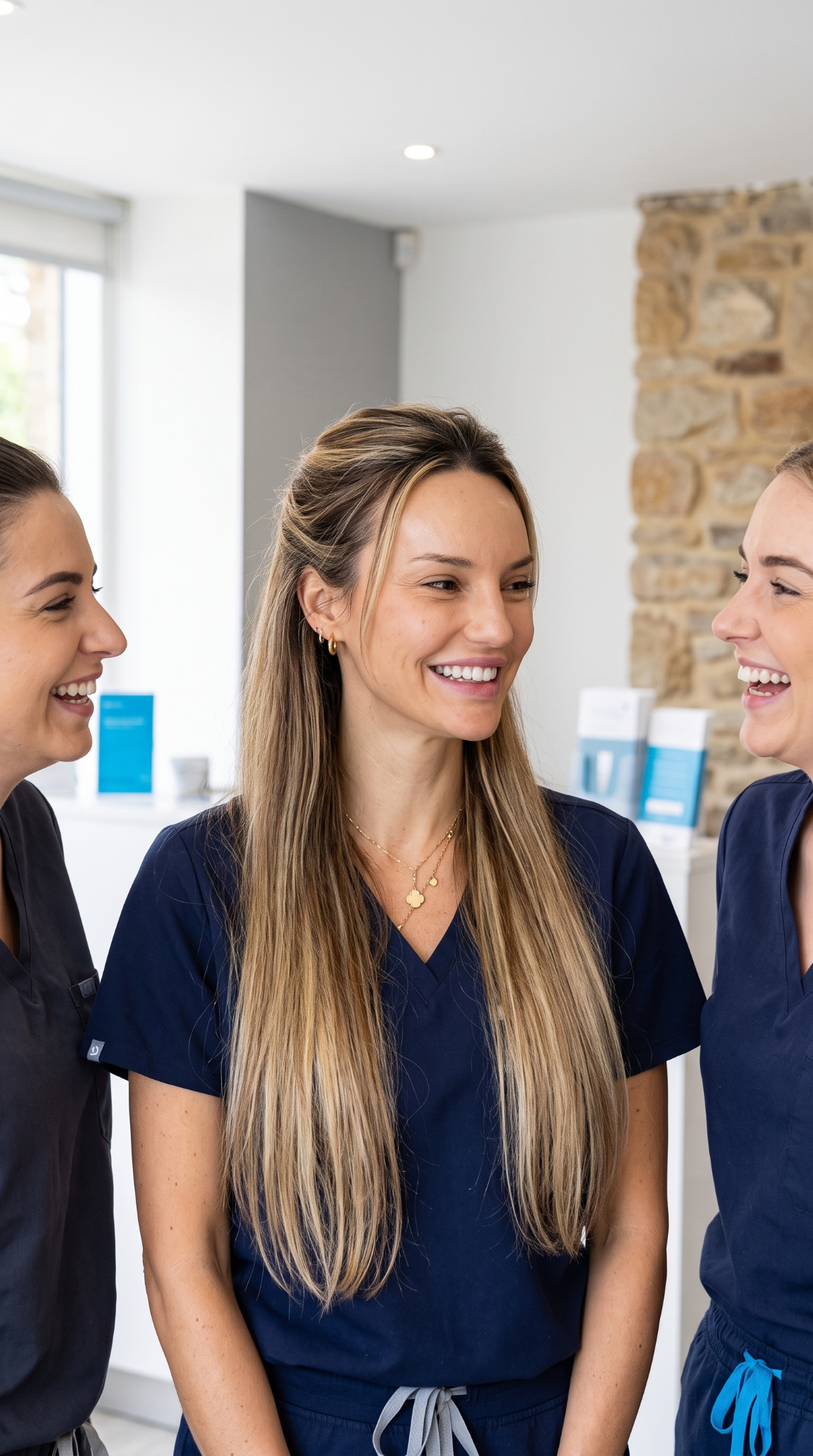 Holly smiling with colleagues in clinical scrubs