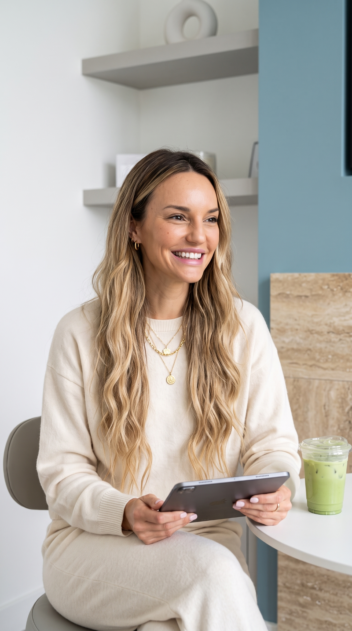 Holly seated with a tablet